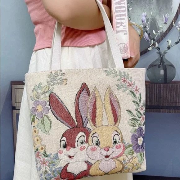 Floral Bunny Cats Sunflower Girl Embroidered Tote Bag.Great Gift for girls women - Picture 4 of 7